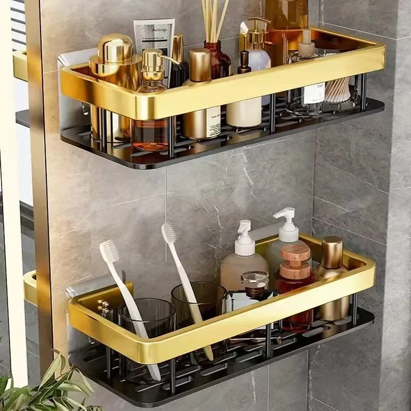 Goldene doppelte Aluminiumregale, keine Stanzlöcher, Badezimmer, Küche, Aufbewahrungsorganisator, langlebig, einfach zu installieren, platzsparend, modernes Design
