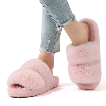 Evshine New Open Toe Fluffy Slippers Indoor Warm Fur Female Slides Fashion Plush Women House Shoes Women Winter Fuzzy Slippers.
