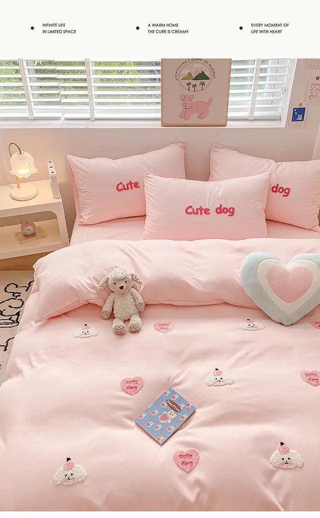 Ins Girly Heart Towel Embroidery Bedding Four-piece Set Soft Washed Cotton Bed Sheet Quilt Cover Three-piece Set.