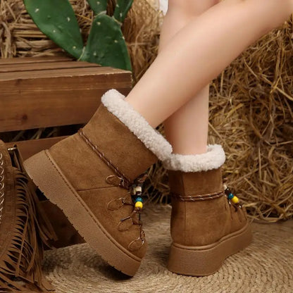 Chunky Platform Non Slip Furry Snow Boots Women 2025 Winter Soft Thick Bottom Warm Plush Ankle Boots Colorful Bead Lace Up Shoes.