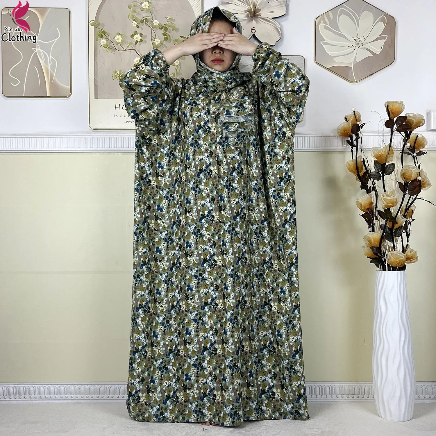 2025 New Muslim Abayas For Women Ramadan Prayer Garment Dubai Middle East Femme Robe Cotton Loose African Dress Turban Attached.