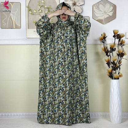 2025 New Muslim Abayas For Women Ramadan Prayer Garment Dubai Middle East Femme Robe Cotton Loose African Dress Turban Attached.