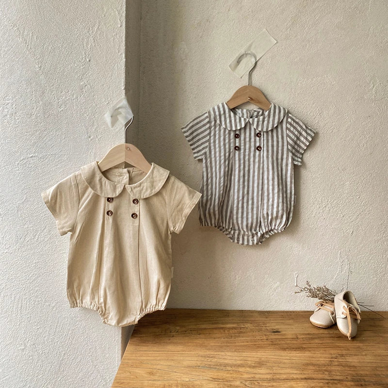 Sommer neue adrette Art Baby Body suits Hemd Kragen Mädchen Jungen Bodysuit atmungsaktive Leinen einteilige Baby kleidung.