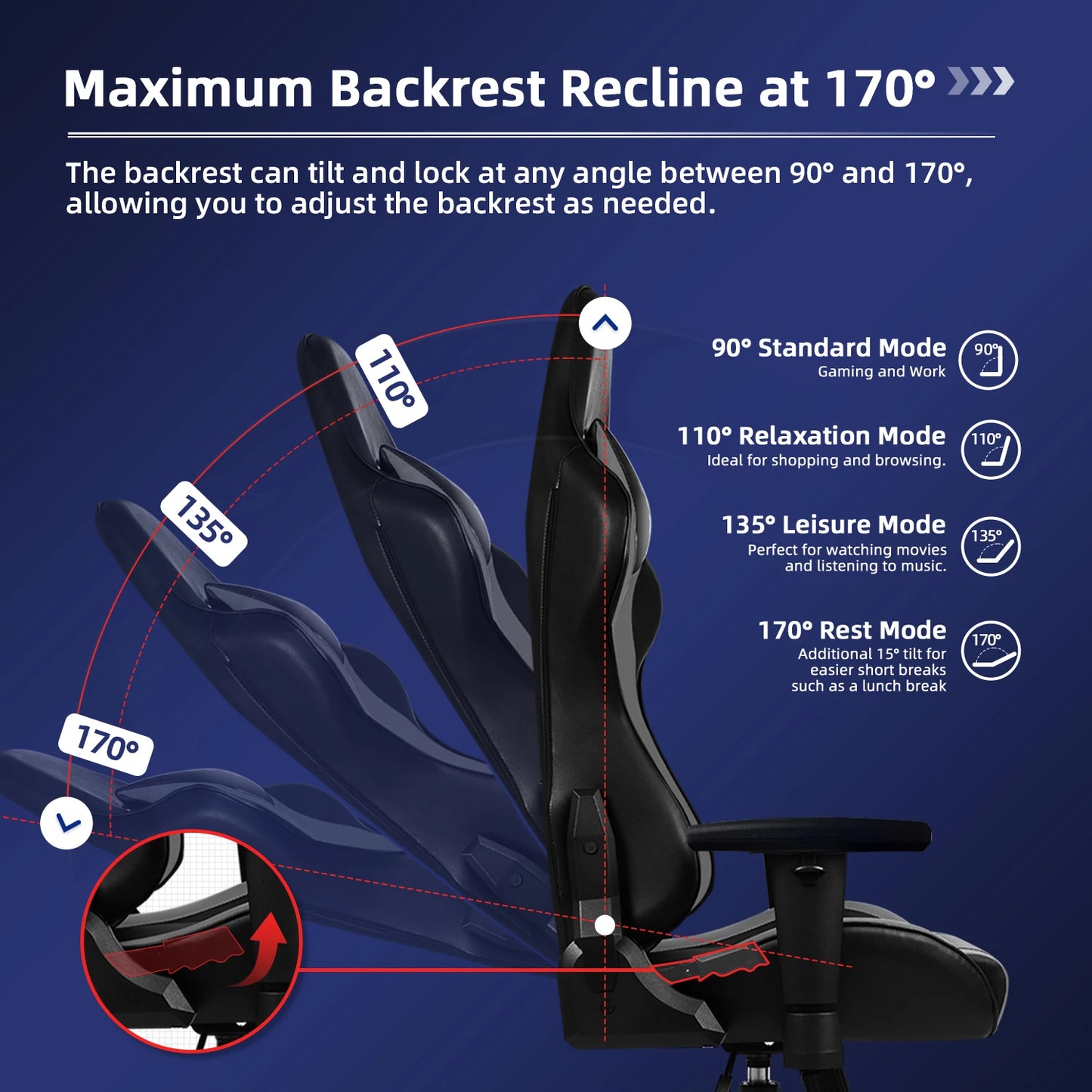 AUTHMIC Ergonomischer Gaming-Stuhl, Büro-Liegestuhl mit Lordosenstütze, verstellbare Armlehne, 150 kg Belastung für Heimarbeit, Gamer-Setup