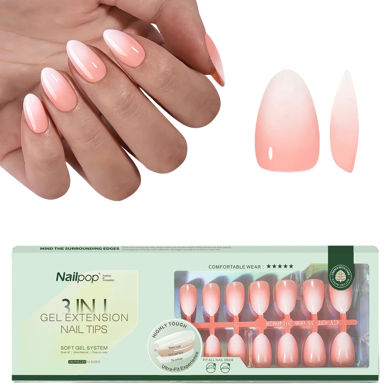 NAILPOP 150Pcs 4 in 1 Ombre Gel Nail Tips White Gradient Soft Gel False Nail Tips Soak Off Fake Nails Extensions DIY 15 Sizes.