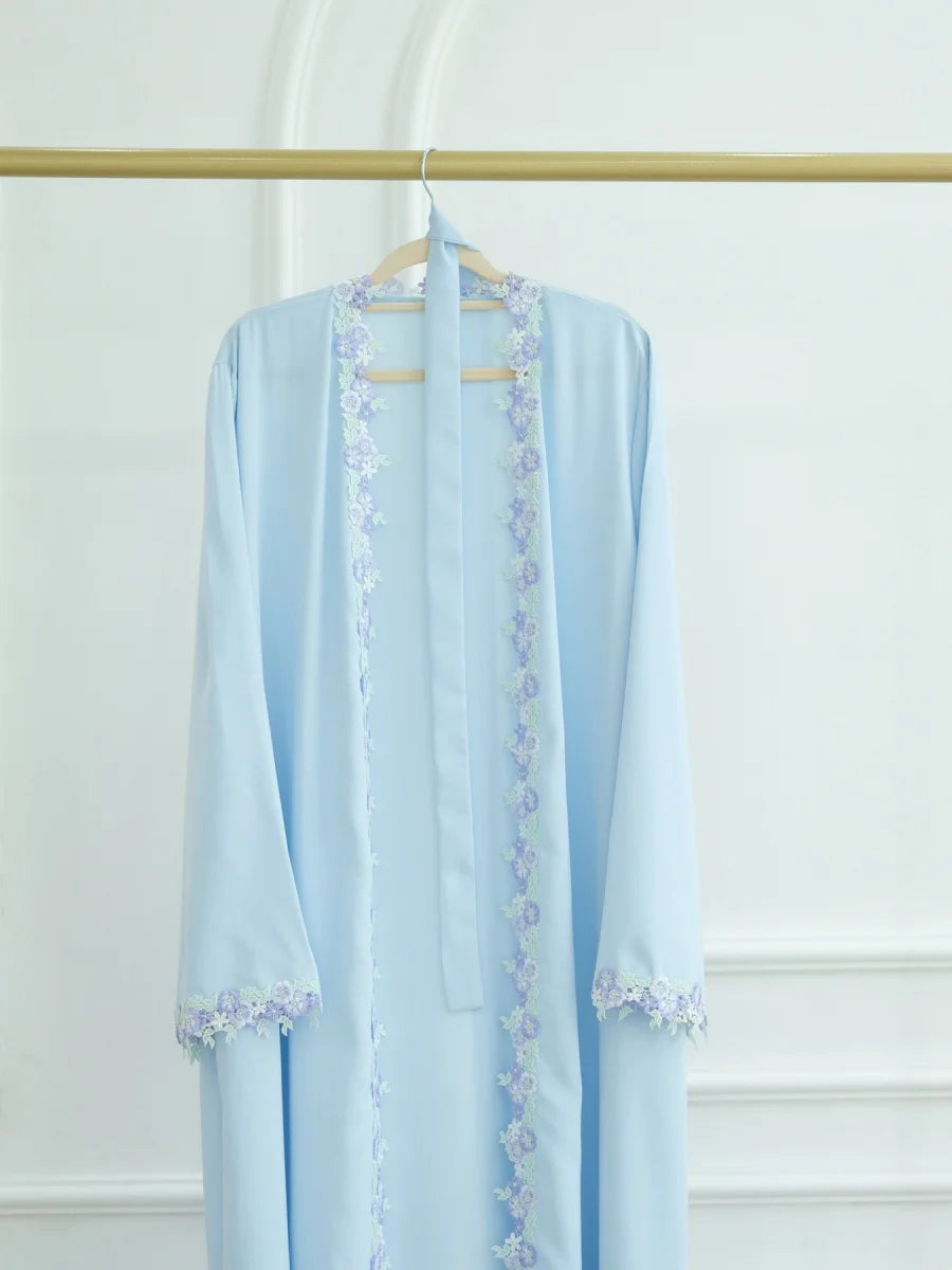 Muslim Women Dubai Abaya Bow Embroidery Blue Cardigan Long Dress Kaftan Ramadan Robe Femme African dresses Islam Clothing Kebaya.