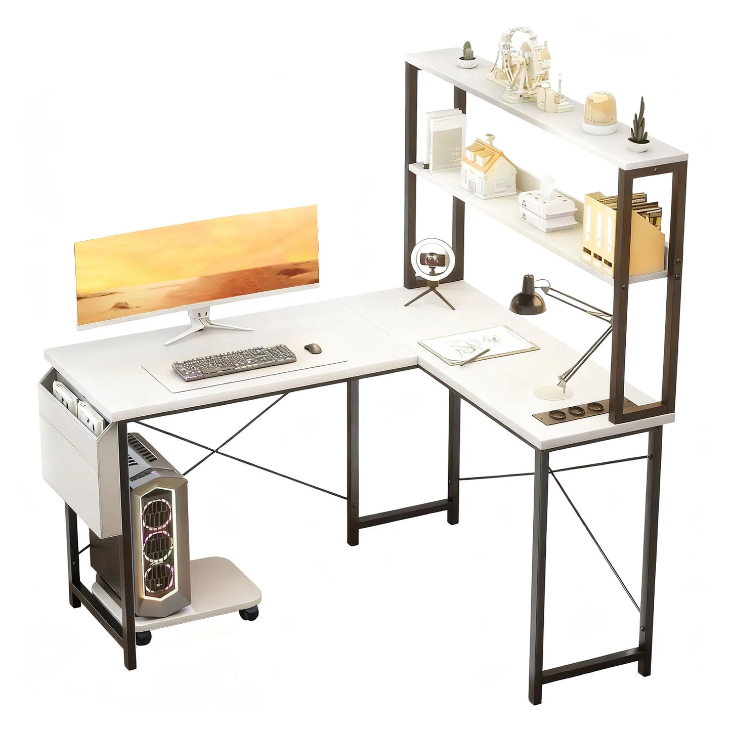 Weißer L-förmiger Schreibtisch mit LED Beleuchtung Doppelregal USB Steckdosen Gaming und Arbeitstisch