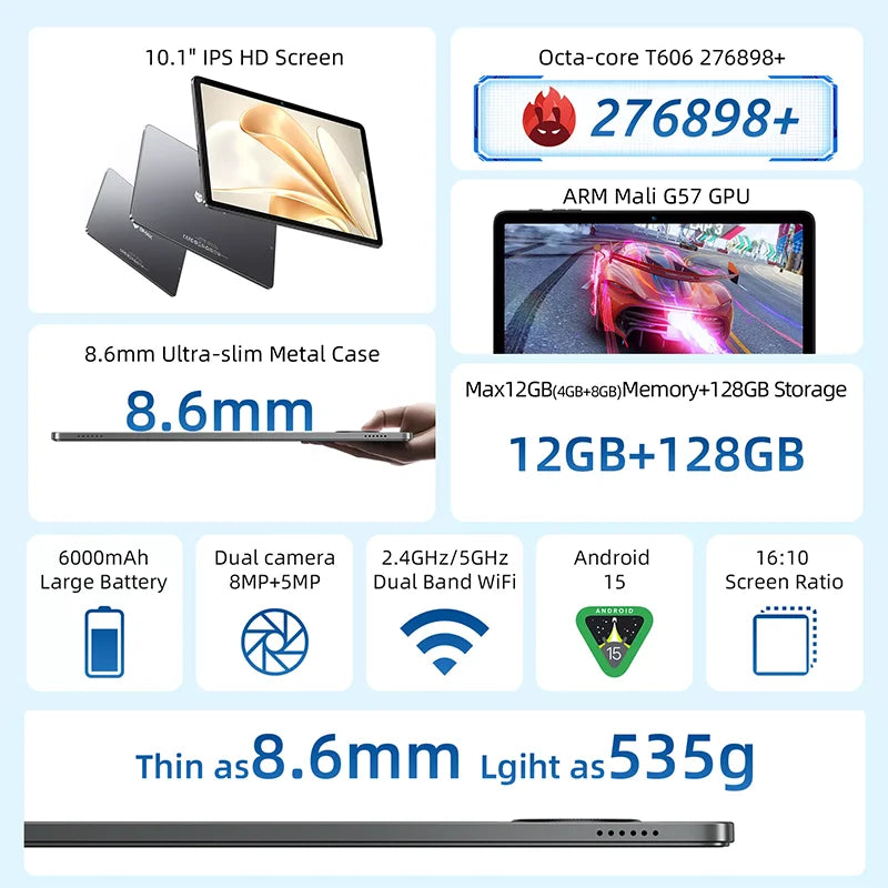 BMAX I10 Plus Android 15 10.1" HD Screen 4GB+8GB Expansion 128GB Storage UNISOC T606 ARM Mail G57  Dual Band Wi-Fi Tablet.