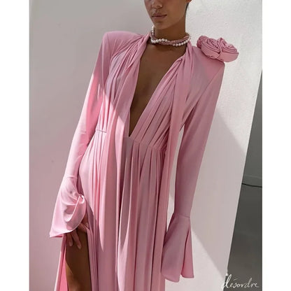 Elegante Y2K Mode Lange Flare Hülse V-ausschnitt Floral Schlitz Party Abendkleid Robe Vintage Frauen Falten Langes Kleid.