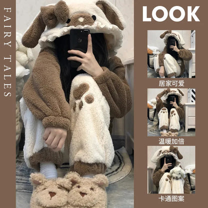 Cute Little Bear Pajamas for Women Thick Warm Fleece Home Wear Set Autumn Nightgown Girls 2025 New Winter Nightclothes 2Pcs.