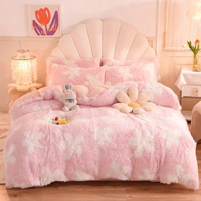3Pcs Super Shaggy Coral Fleece Warm Cozy Princess Bedding Set Mink Velvet Duvet Cover Set Bed Comforter Cover Blanket Pillowcase