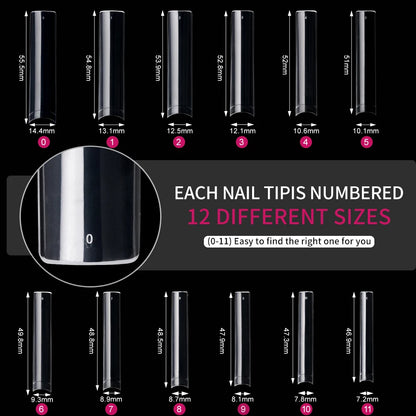 240PC Professional 3XL Extra Long Clear Square Nail Tips 12 Sizes Half Cover Acrylic Nails NO C CURVE Long Square Fake Nail Tips.