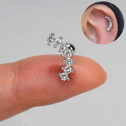 1PC New Curved Cz Cartilage Stud Moon Leaf  Helix Rook Conch Screw Back Earring Stainless Steel Bar Ear Piercing Jewelry