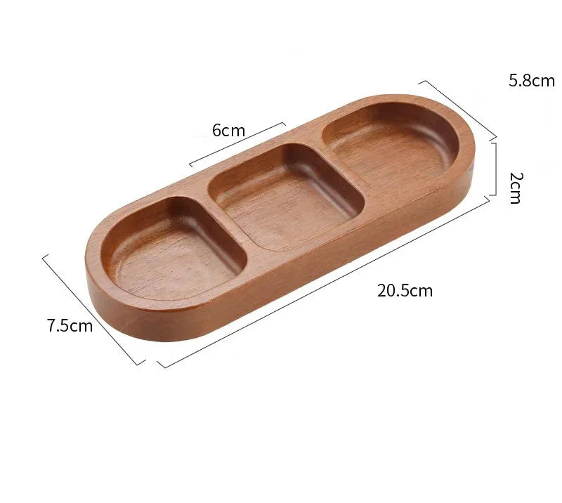 Solid Wood Rectangle Tray 2/3 Grid Condiment Plate Breakfast Sushi Bread Dessert Sauce Plate Kitchen Dinner Seasoning Dish.