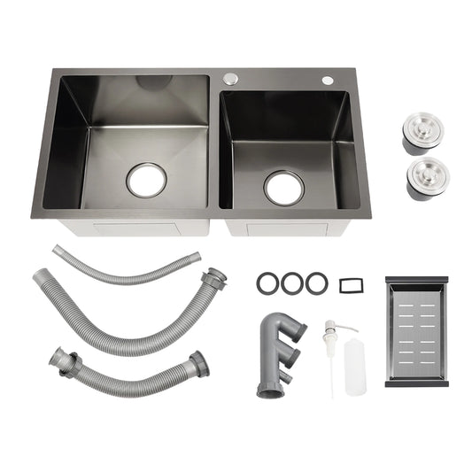 Schwarze Spüle aus Edelstahl 304, Doppelschüssel-Küchenspüle mit Seifenspender und Abflusskorb, großes Spülbecken