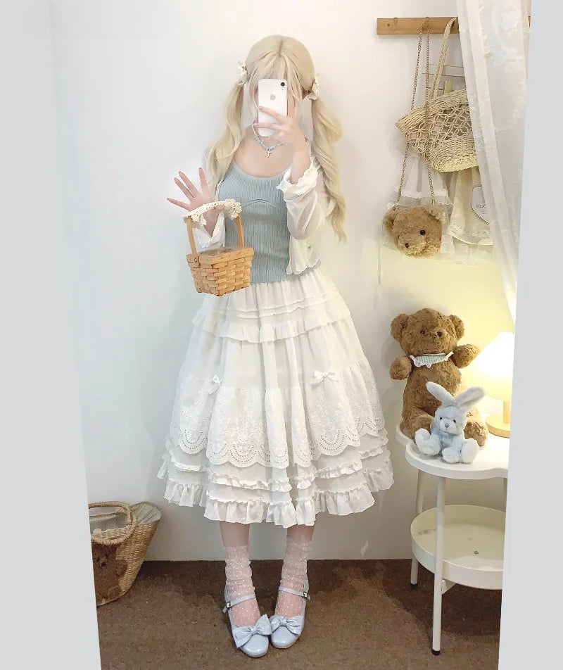 Mori Girl Style Lolita Midi Skirt Women Vintage Embroidery Lace Floral Bow Ruffles Long Skirts Female Prairie Chic Party Skirt.