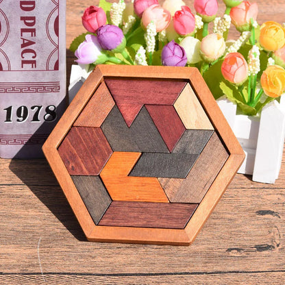 Classical Hexagon Tangram Puzzle Wooden Brain Teasers For Kids Logic Thinking Games Casse Tete Rompecabezas De Madera.