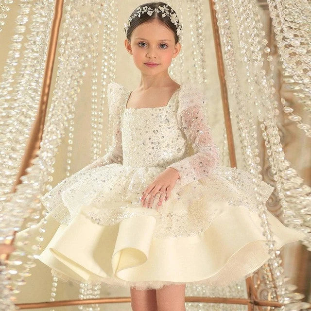 Mädchen Erstkommunion Kleid Kinder Festzug Ballkleid Mädchen Blume Hochzeit Pailletten Kleider für Kinder Klavier Leistung Vestidos.
