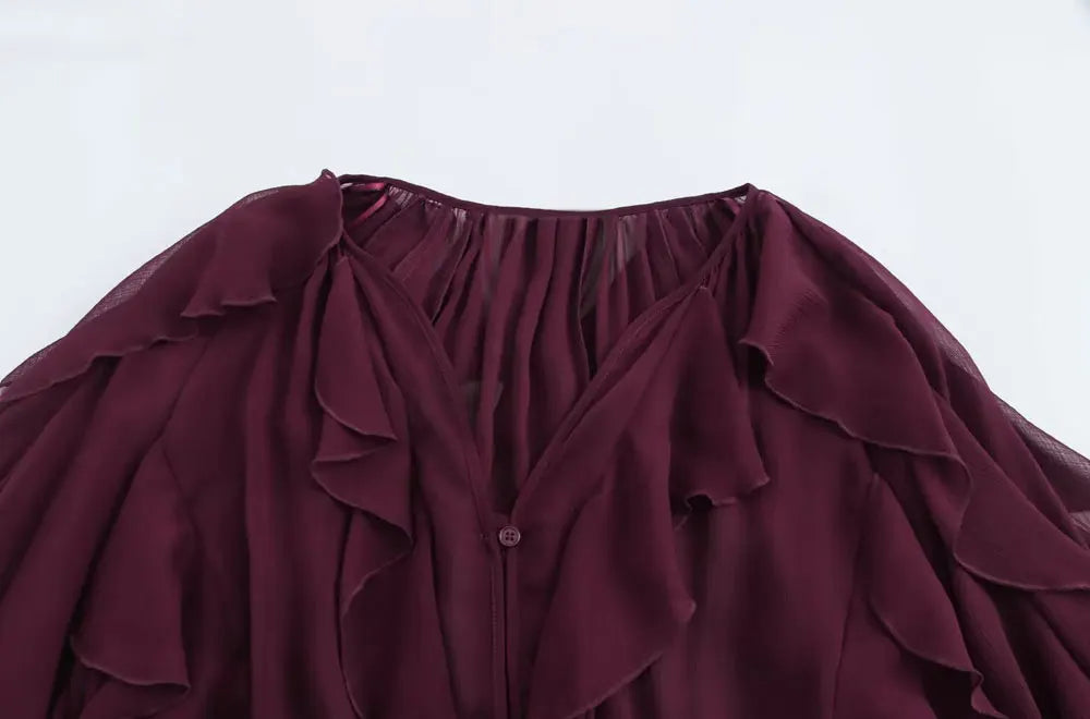 Women Fashion With Ruffles Semi-sheer Blouses V Neck Long Sleeve Button-up Female Shirts Chic Tops.
