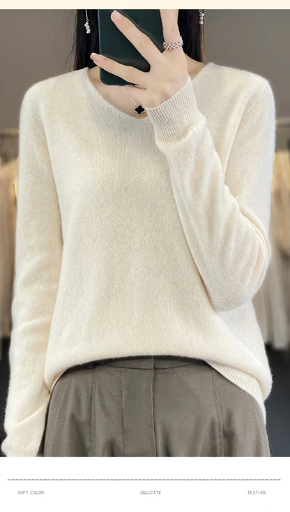 Women 100% Merino Wool Sweater V-Neck Basic Pullover Autumn Winter Cashmere Clothing Long Sleeve Soft Knitwear Tops Solid Color.