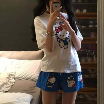 Hello Kitty Pyjamas für Damen, kurzärmelig, Freizeitkleidung, Heimkleidungsset, Cartoon-Süßes Mädchen, Geburtstagsgeschenke.