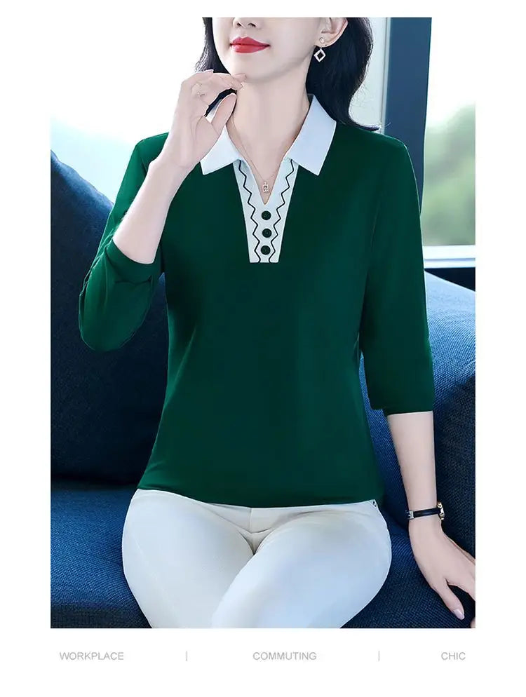 2025 Autumn New Women Clothes Office Lady Simplicity Patchwork Polo-Neck Top Tee Ladies Fashion Loose Buttons Long Sleeve Shirts.