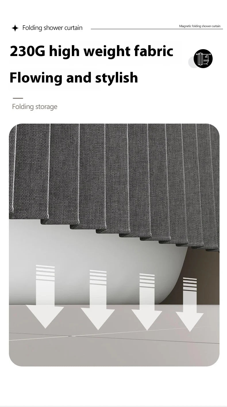 Badezimmer Faltbarer Duschvorhang aus Leinen mit Magneten, wasserdicht, geeignet für begehbare Duschen, Teleskopstange nicht im Lieferumfang enthalten