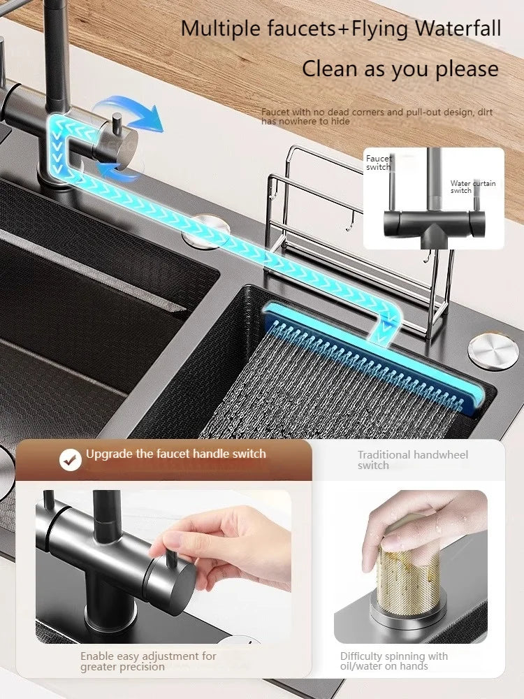 Waterfall Kitchen Sink Stainless Steel Multifunctional Undermount Washbasin Double Slot Dishwashing Sinks