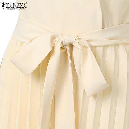 Fashion Women Jumpsuits 2025 ZANZEA Summer Rompers Elegant Wide Leg Work OL Overalls V Neck Sleeveless Pleated Playsuit Trousers