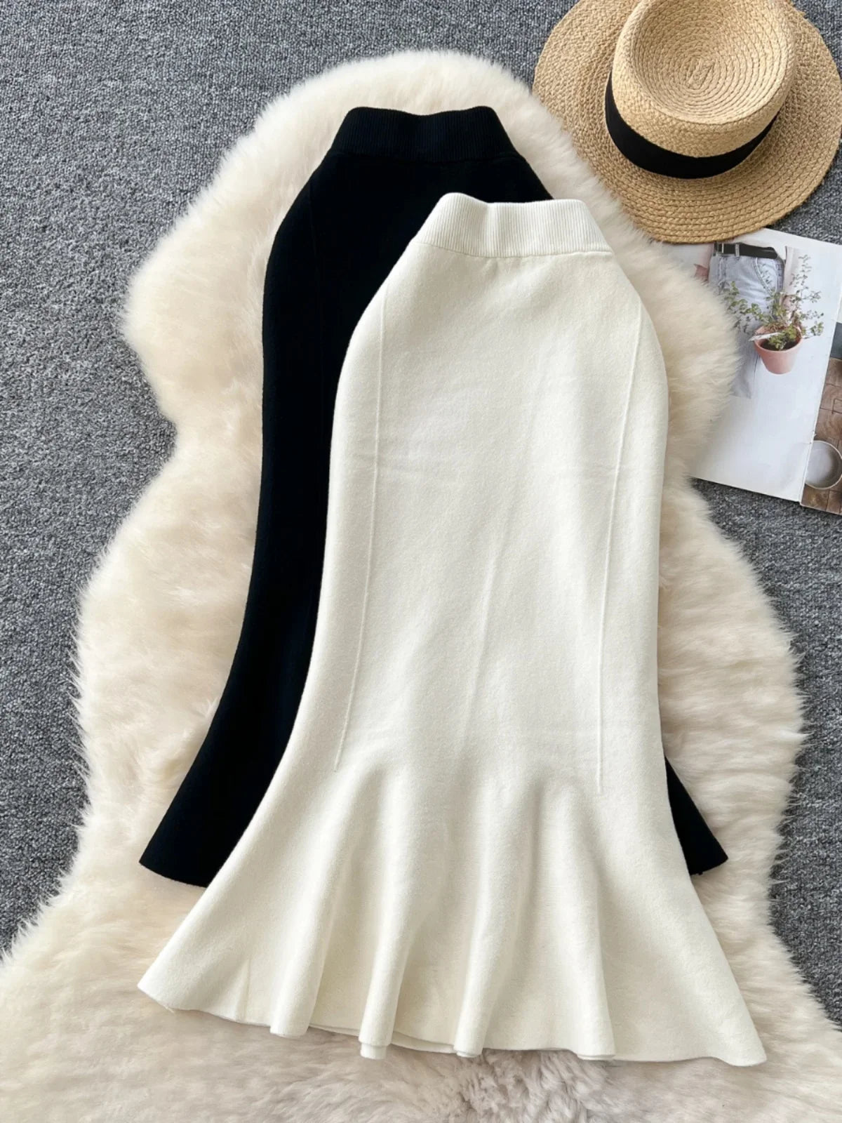 High Waisted Vintage Knitted Skirt Women Ruffled Slit Fishtail Office Midi Skirts Autumn Winter Woolen Skirt.