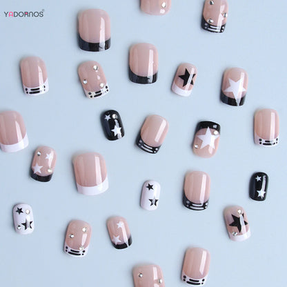 Short Square Fake Nails Y2K Style Nails Press on White/Black French Tips Star Diamond Designs False Nails for y2k Girls 24Pcs.