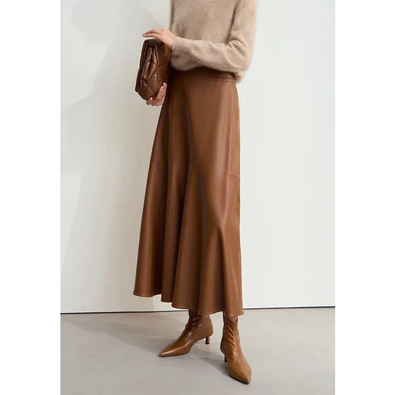 AMII Minimalist Elegant Commuter Environmentally Friendly PU Leather Skirt 2024 Winter New Women's Loose A-shaped Skirt 12444181