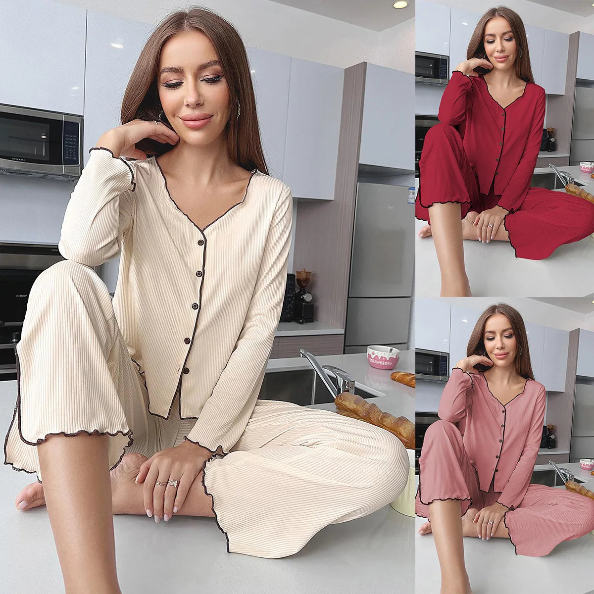Europe hot-selling women's pajamas set autumn and winter pit strip cardigan long-sleeved trousers loungewear set.