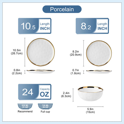 LOVECASA 12/24 Piece Ceramic Porcelain White and Golden Rim Dinnerware Sets With 4/8 PCS Dinner Plate/Dessert/Cereal Bowl for 4.