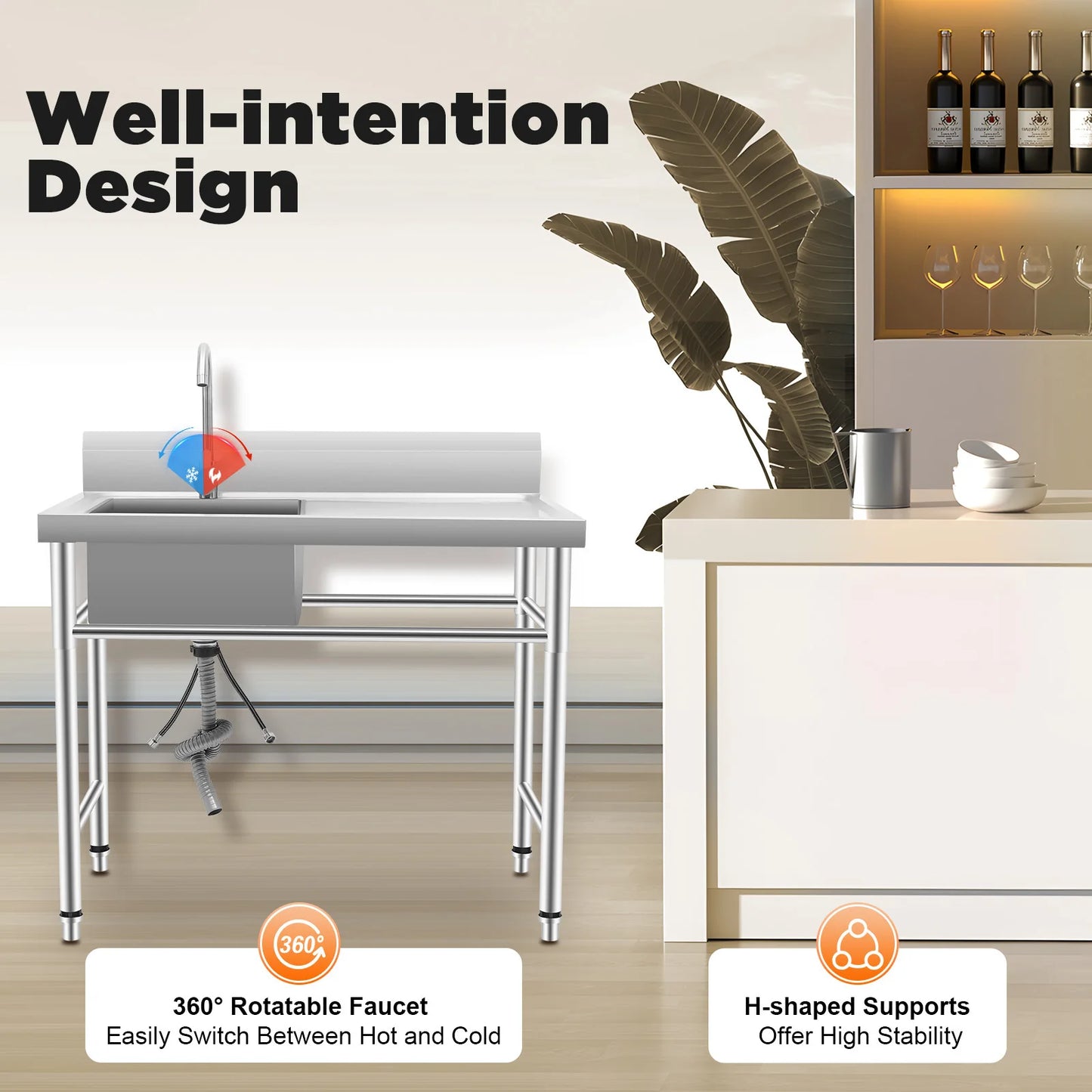 [Edelstahlspüle] 201 Edelstahlspüle – 100 x 60 x 93 cm – für gewerbliche Räumlichkeiten – tiefes Becken