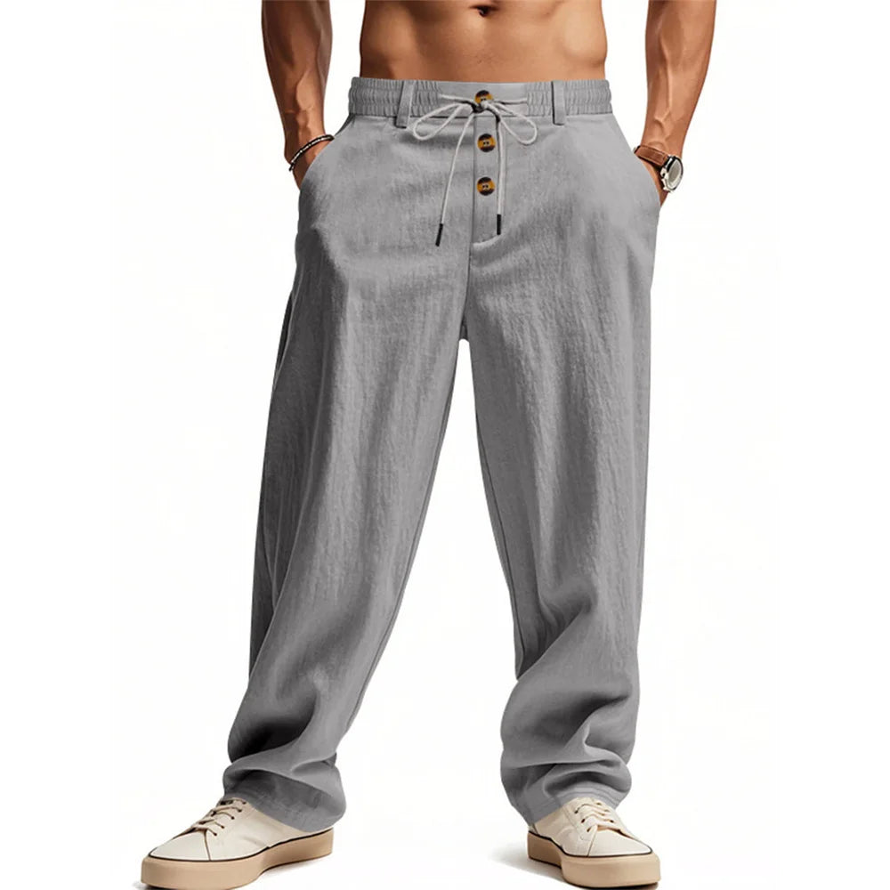 Autumn New Men's Cotton Pants Solid Color Button Drawstring Design Casual Loose Fit Cozy Trousers Simple Style Long Pants.