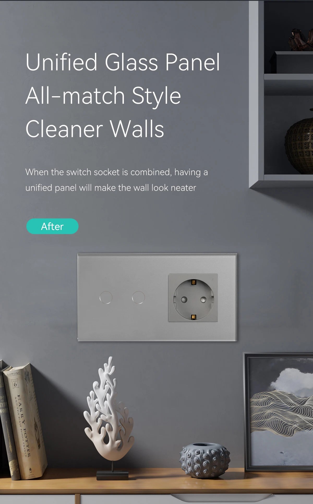 BSEED Touch-Schalter mit EU-Stromsteckdose, graue LED-Wandleuchte, 1/2/3 Gang, 1-Wege-Kristallglas-Panel, dunkelblaue Hintergrundbeleuchtung.