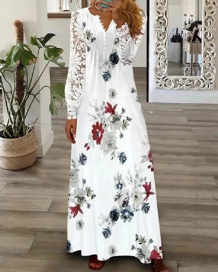 Frühjahr/Sommer Mode frauen Kurzarm Gedruckt Spitze Kleider Elegante frauen Weiß V-ausschnitt Slim Fit Party Lange vestidos.