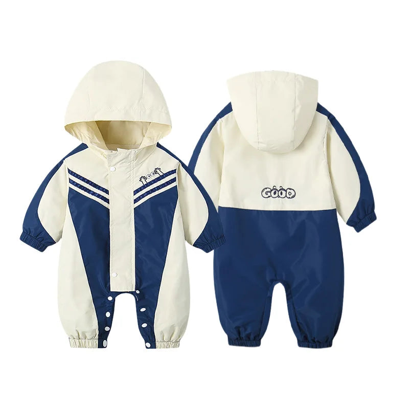 2025 Herbst winddichter Babyspielanzug für Neugeborene, Farbblock, Druckknopf, Kapuze, einteilig, 0–2 Jahre, Säuglings-Outdoor-Regenmantel-Overall.