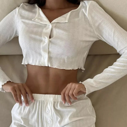 Spring and Autumn New Ladies Sexy Pajamas Homewear Suit Knitted Design Sense Containing Cotton Long-Sleeved Long Pants Suit.