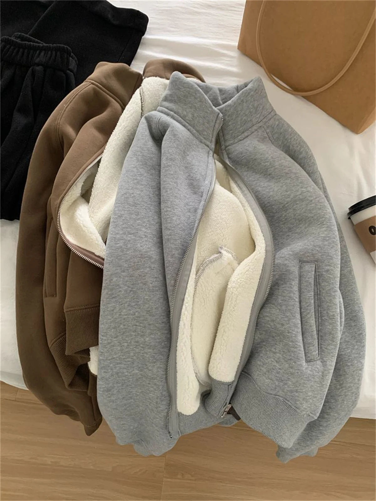 Women Autumn Winter Sweatshirt Coat Zip Up Solid Long Sleeve Stand Neck Jacket Lady Fashion Casual Street Vintage Coats Outwear.