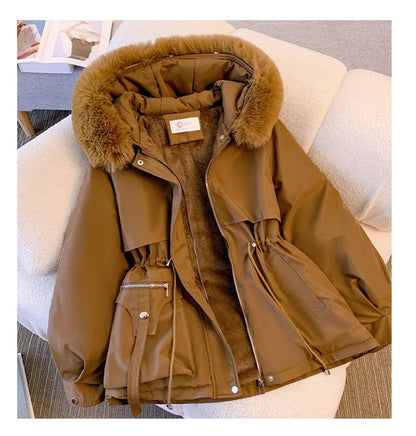 Neue frauen Baumwolle Gefütterte Plüsch Warme Mantel 2024 Herbst Winter Parkas Mantel frauen Lange Sleeve Zipper Mit Kapuze Kordelzug parkas.