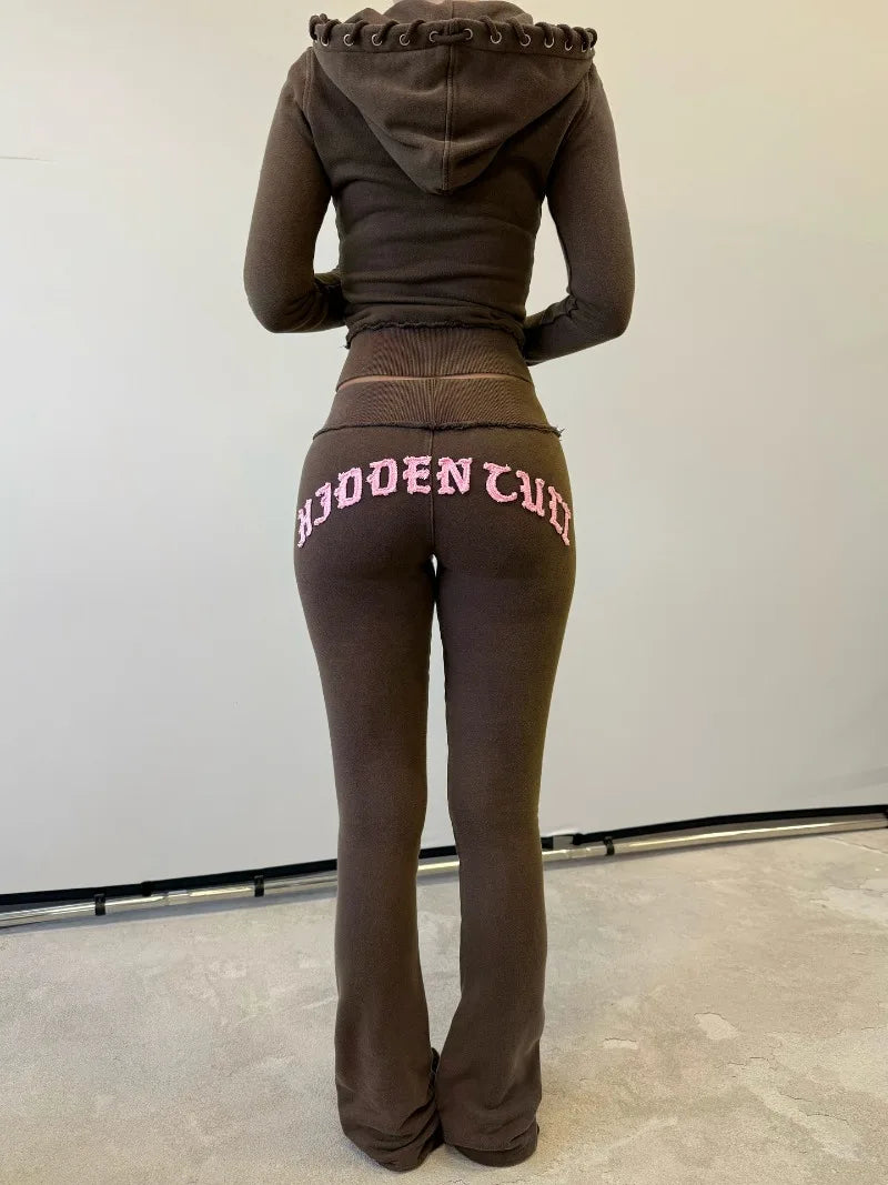 2025 Hip-hop Street Fashion Sports Suit New Letter Embroidery Brown Zipper Hoodie Casual American Loose Straight Pants Women.