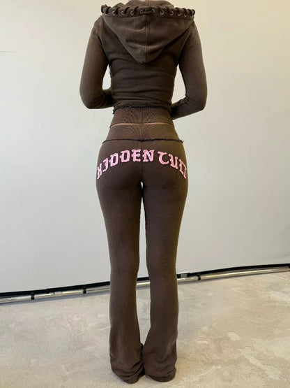 2025 Hip-hop Street Fashion Sports Suit New Letter Embroidery Brown Zipper Hoodie Casual American Loose Straight Pants Women.