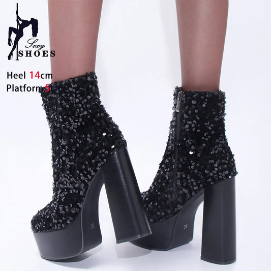 Plus Size 43 Woman Heel Thick Bottom Short Boots Night Club Round Toe Platform Stage Shoes Black Sequin Bling Boots For Women.