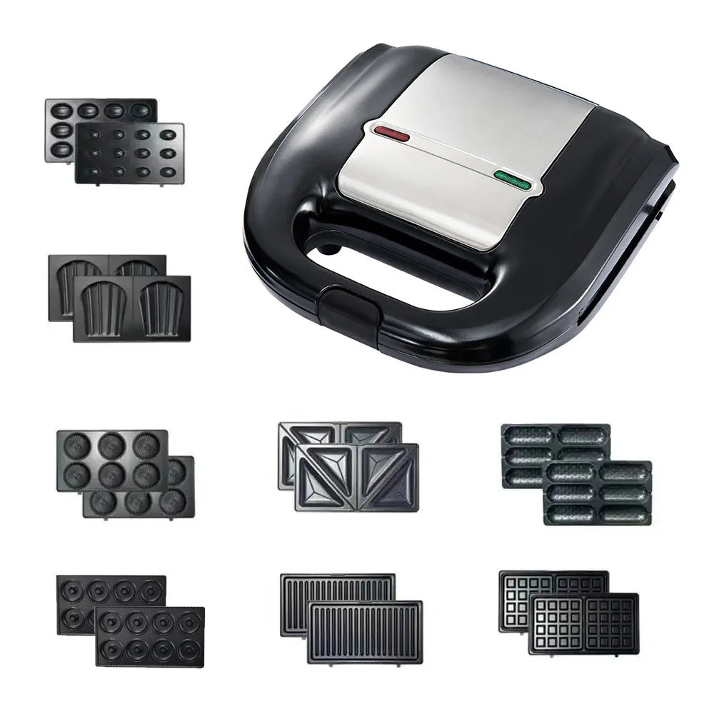 8-in-1 Breakfast machine with Interchangeable Plate Sandwich Maker, Waffle & Donut Maker with Non-stick Coating.