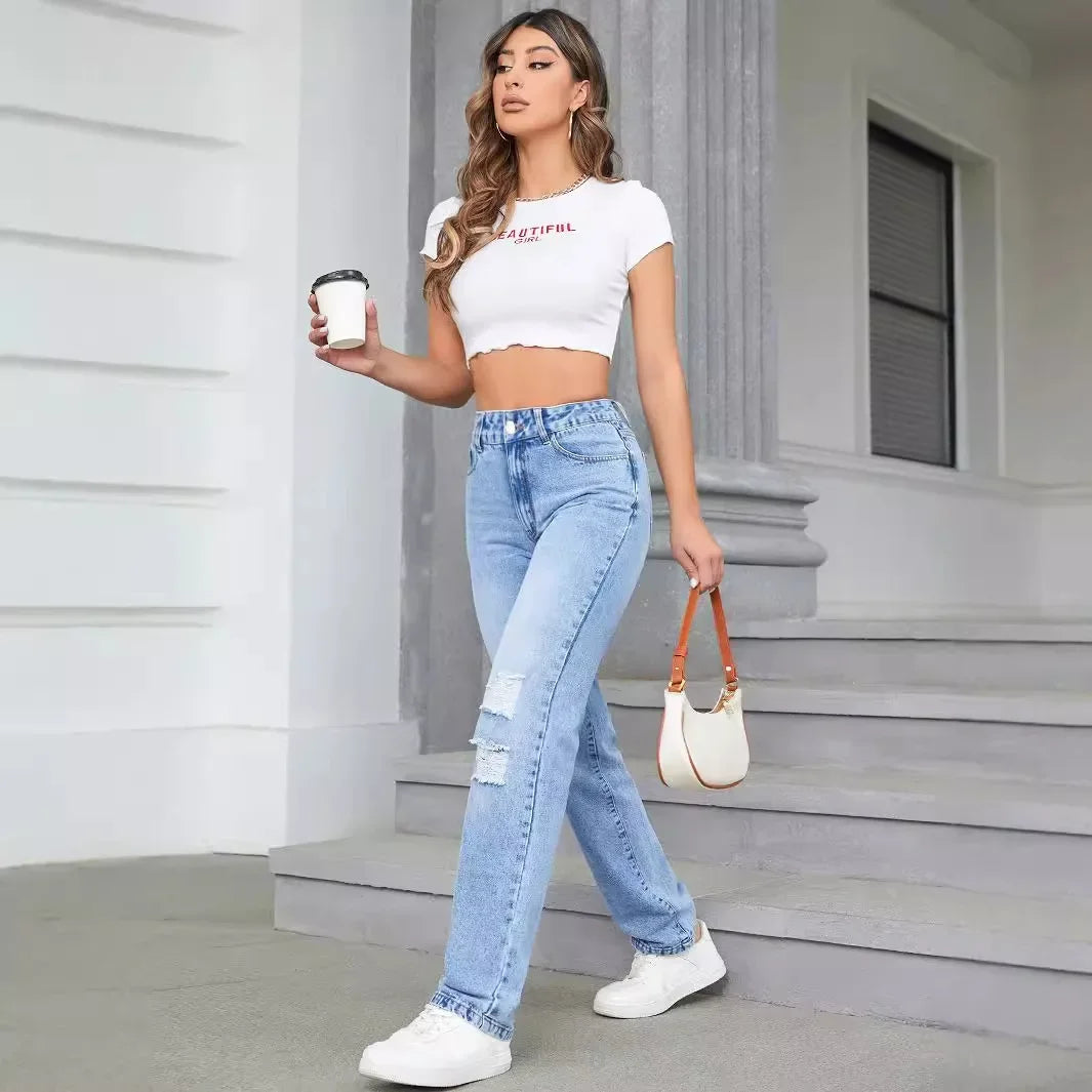 Loose High Waist Casual Hole Straight Leg Jeans Long Pants Wide Leg Trousers Comfortable Fit Female Denim Jeans.