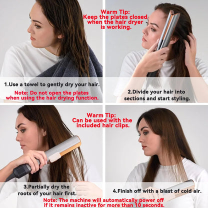 Professional 2-in-1 Hair Straightener & Dryer Combo - Negative Ion Heating Flat Iron with Display. Ideal for Home and Salon