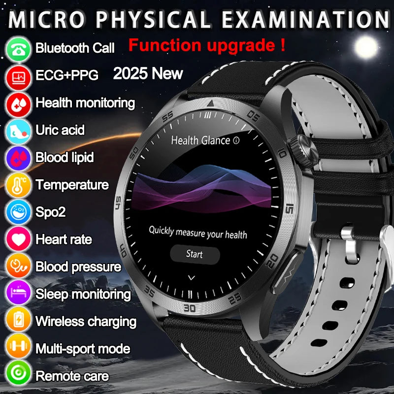 2025New Micro Physical Examination Blood Lipids Uric Acid Blood Pressure Smart Watch ECG+PPG Clock Bluetooth Call Smartwatch Men.