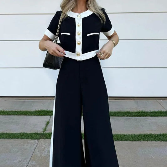 Fashion New Two Piece Set Women's Round Neck Short Sleeve Patchwork Singe Breasted Button Top Loose Wide Legs Pants Sets Women.